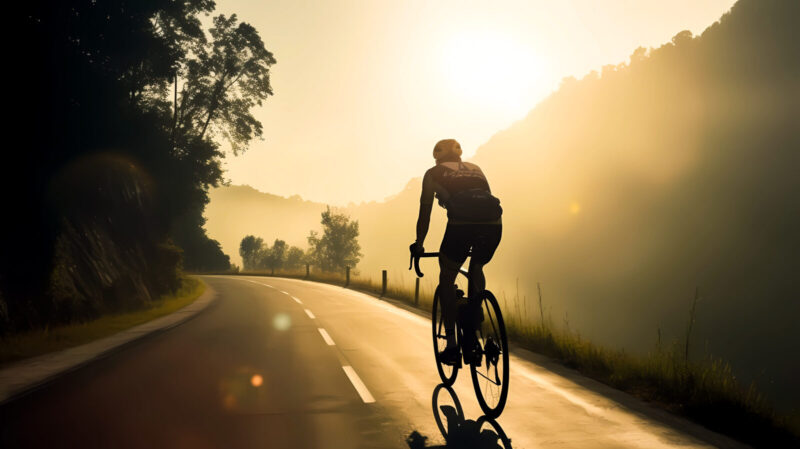Bike riding on the forest road. Cyclist with helmet on the bicycle. Ai generated illustration for cycling, active lifestyle, outdoor recreational training and exercise. Physical activity outside