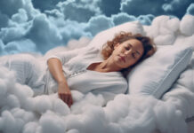 Besser Schlafen Hübsche Frau liegt im Bett schlafend wie im siebten Himmel mit Wolken bequem und ruhig, ai generativ