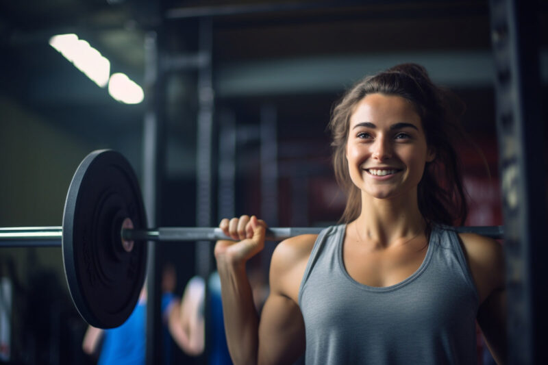 well equipped gym, a joyful woman with a determined spirit lifts weights, her enthusiasm evident as she works on her strength and fitness, radiating positivity throughout her workout session